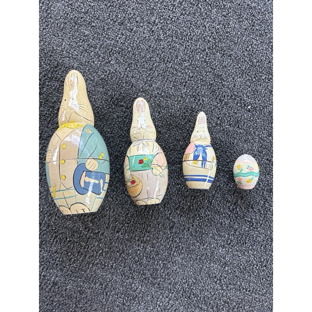 Wooden Nesting Rabbit/Bunny Family With Egg, Dolls, Hand Painted, Vintage